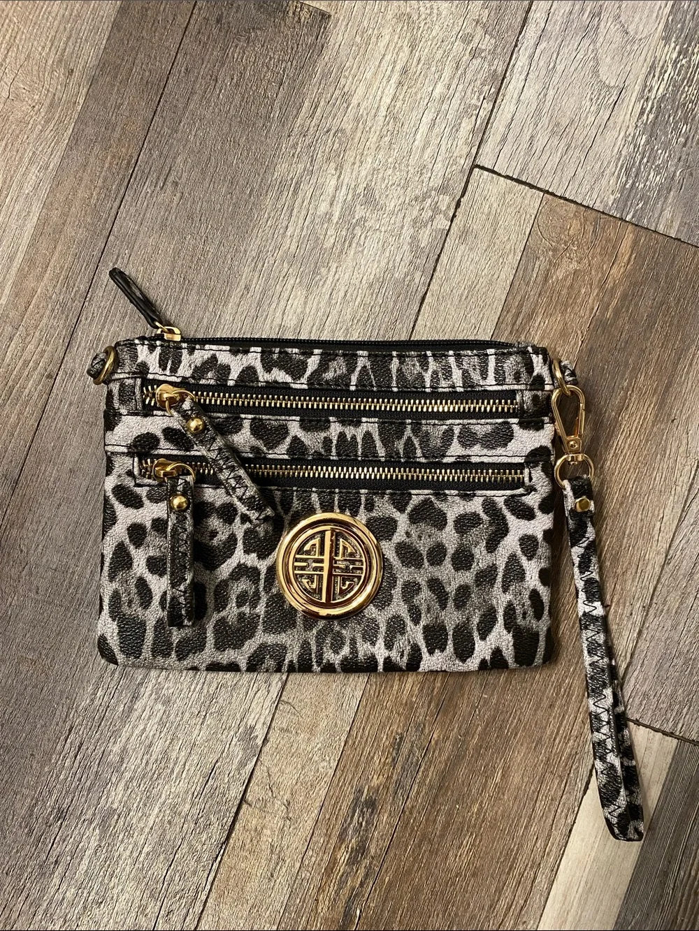 Leopard Print Wristlet Clutch with Gold Emblem